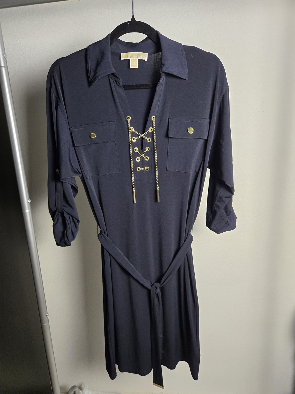 Michael Kors Navy Shirt Dress with Gold Lace-Up Detail